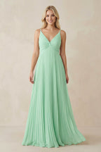 Robe demoiselle d’honneur pale pistachio longue col V sans manches plissée - Harana