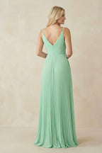 Robe demoiselle d’honneur pale pistachio longue col V sans manches plissée - Harana