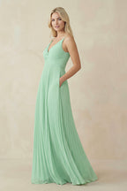 Robe demoiselle d’honneur pale pistachio longue col V sans manches plissée - Harana