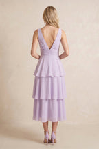 Robe lavande midi en mousseline coupe trapèze à décolleté plongeant ornée de volants - Harana