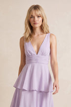 Robe lavande midi en mousseline coupe trapèze à décolleté plongeant ornée de volants - Harana