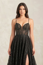 Robe de mariée noire trapèze en dentelle sans manches avec fente - Harana
