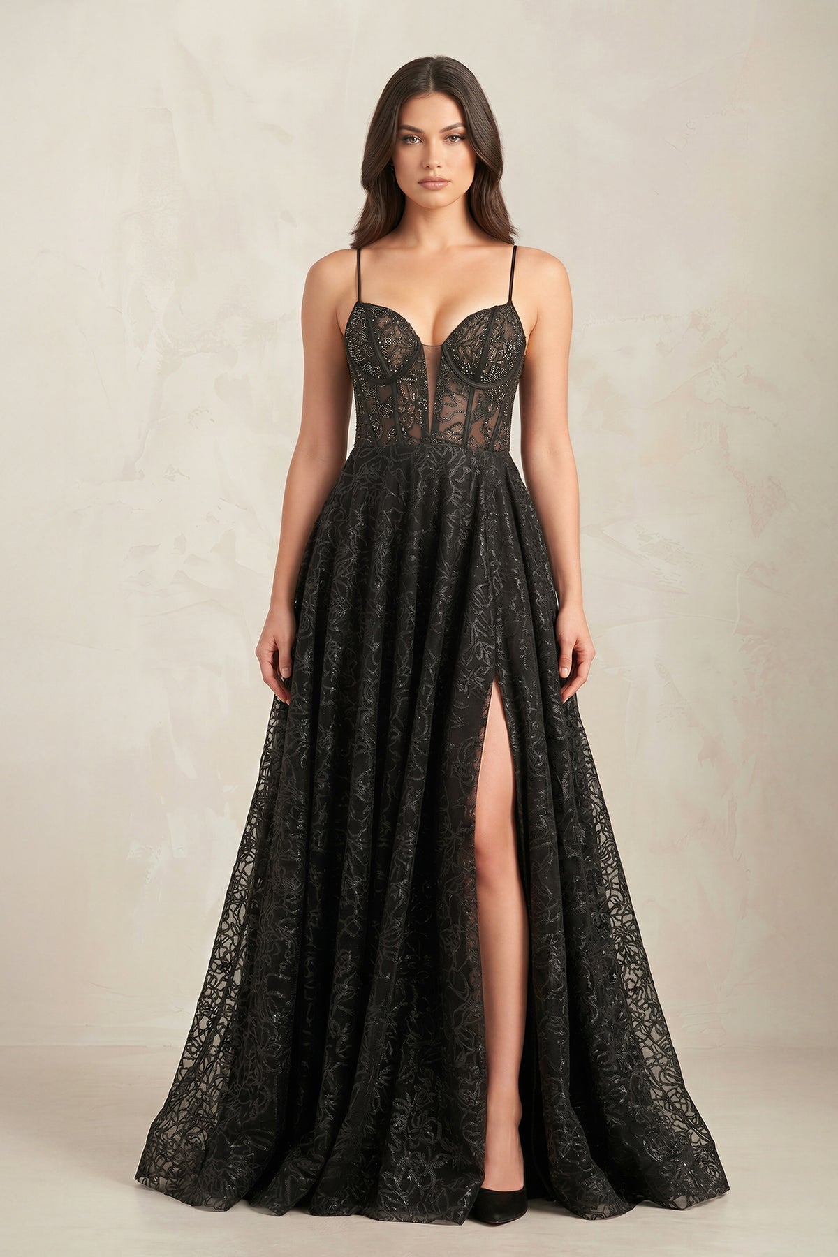 Robe de mariée noire trapèze en dentelle sans manches avec fente - Harana