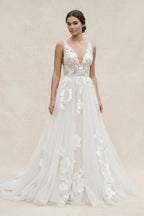 Robe de mariée ivoire trapèze en tulle sans manches à volants - Harana