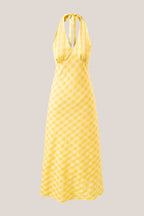 Robe jaune midi coupe trapèze à décolleté plongeant imprimée - Harana