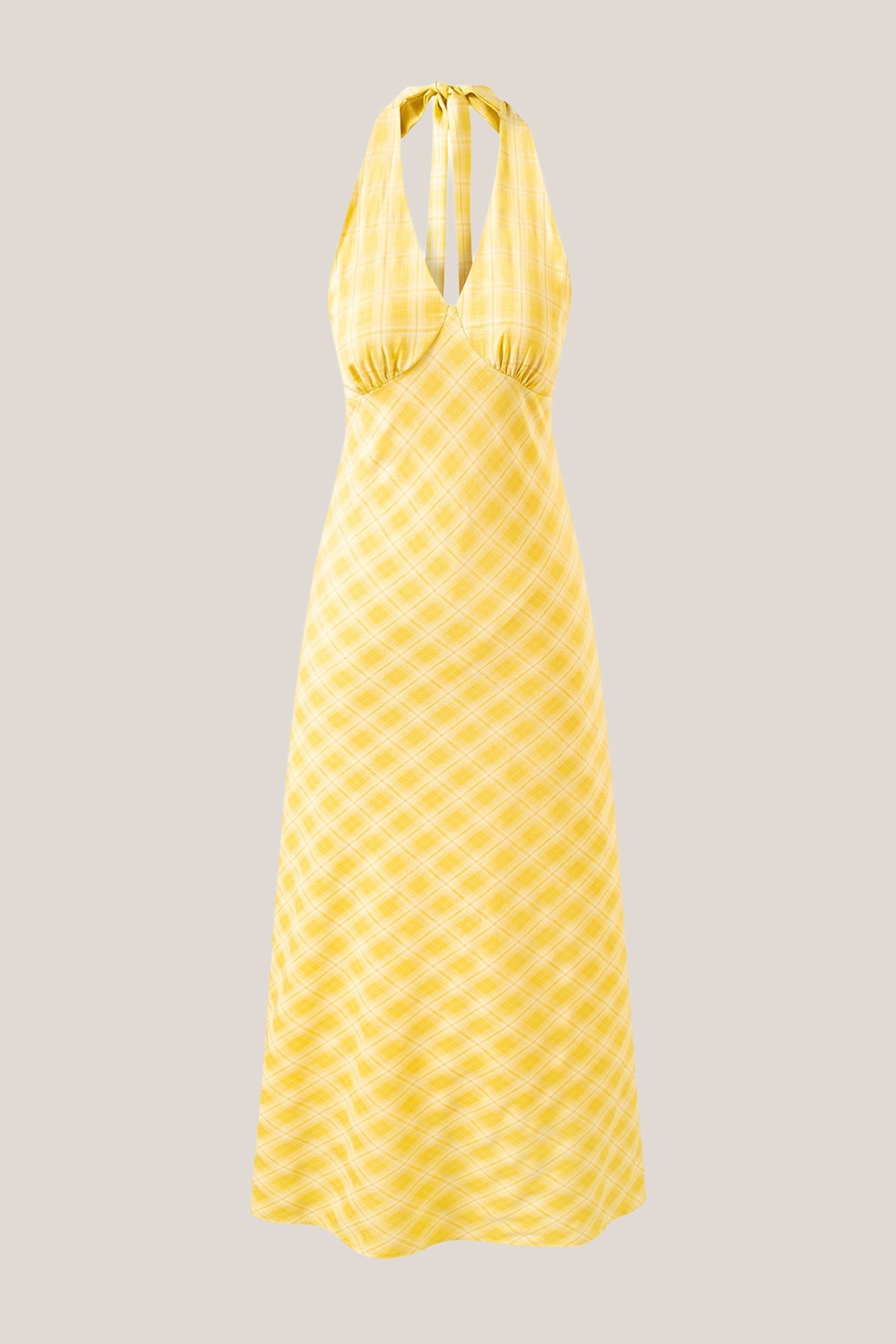 Robe jaune midi coupe trapèze à décolleté plongeant imprimée - Harana