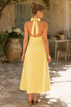 Robe jaune midi coupe trapèze à décolleté plongeant imprimée - Harana