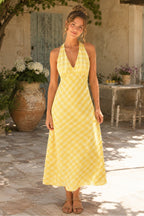 Robe jaune midi coupe trapèze à décolleté plongeant imprimée - Harana