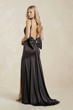 Robe longue noir satinée avec fente avec nœud - Harana