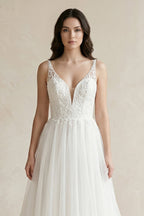 Robe de mariée blanche trapèze en tulle sans manches à appliqués - Harana