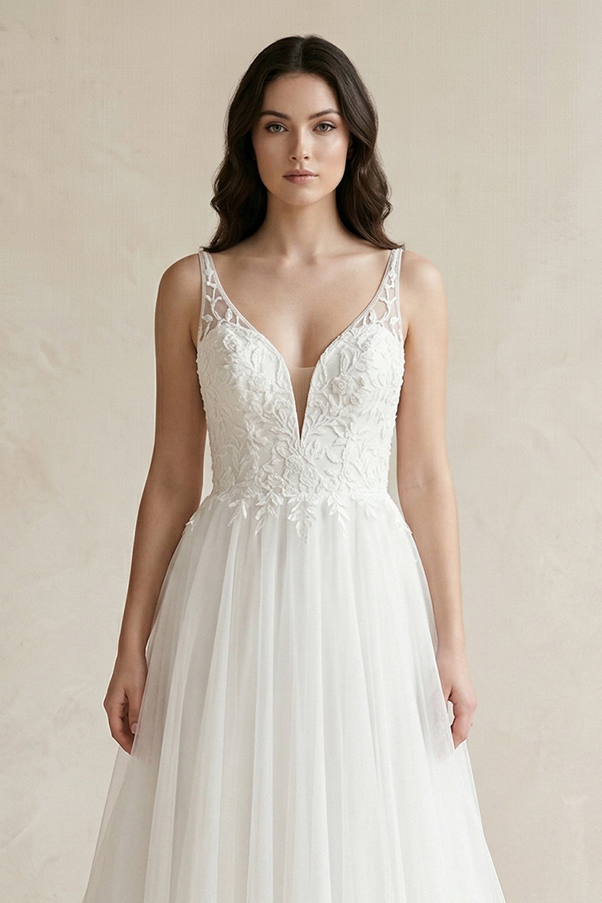 Robe de mariée blanche trapèze en tulle sans manches à appliqués - Harana