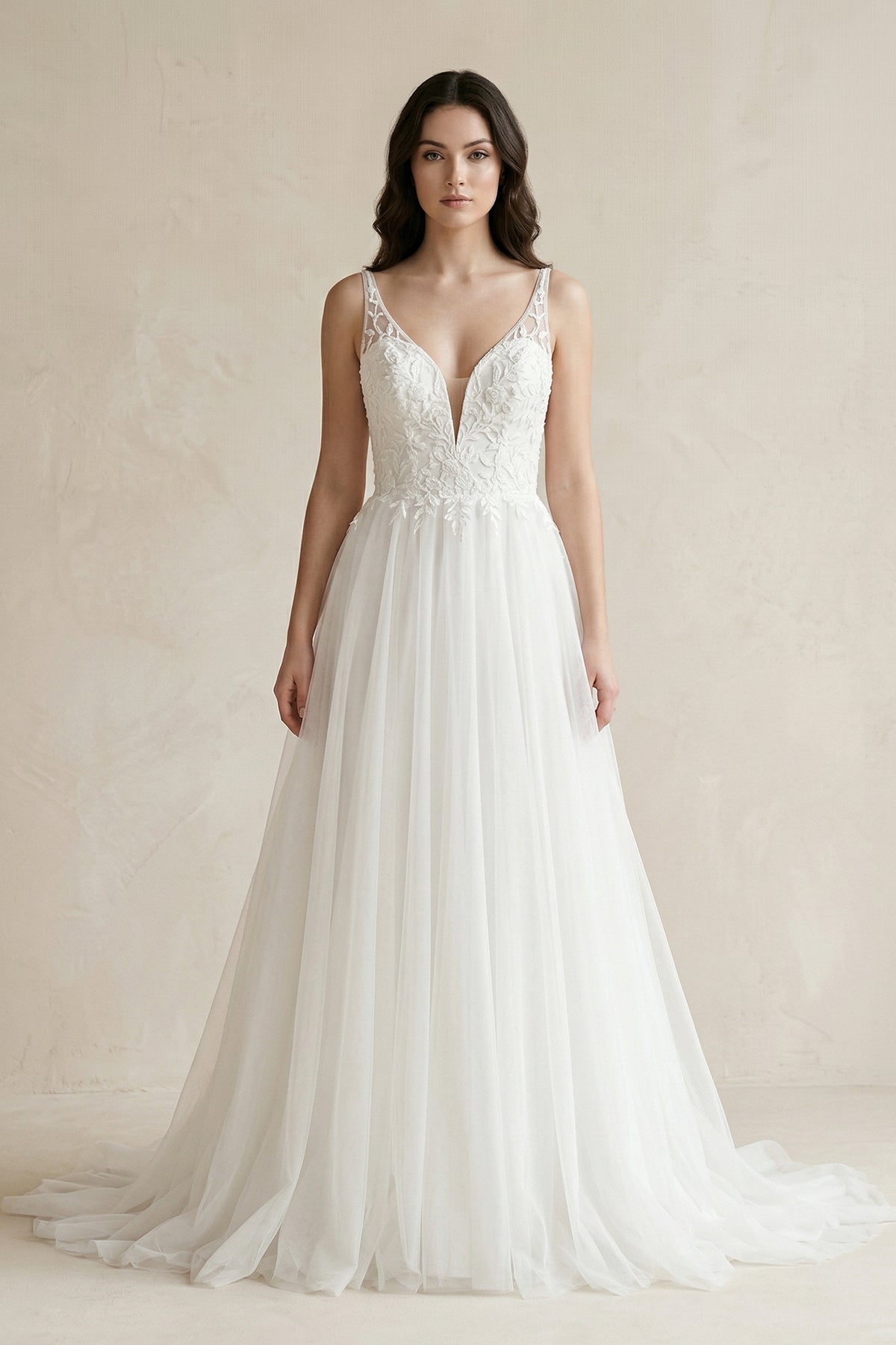 Robe de mariée blanche trapèze en tulle sans manches à appliqués - Harana