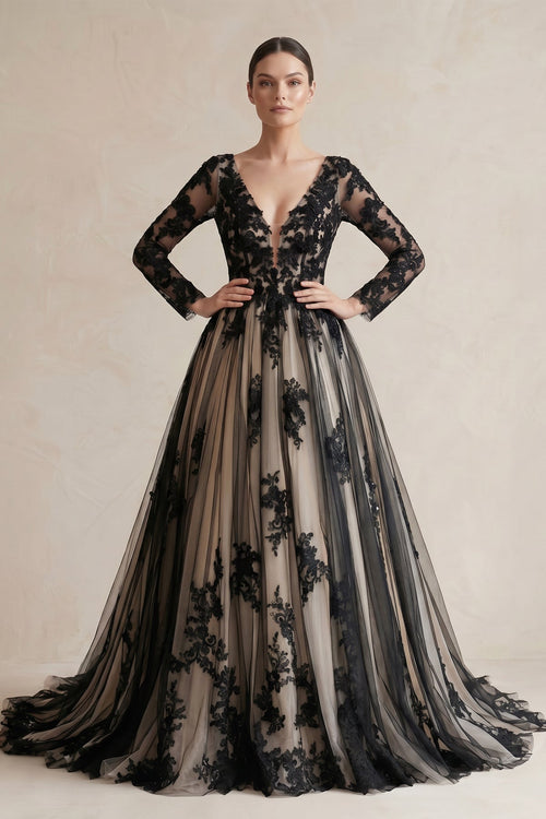 Robe de mariée black & nude longue manches longues à dentelle en tulle - Harana
