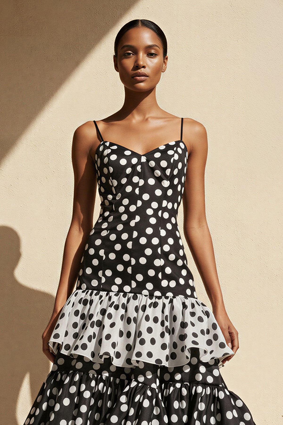 Robe longue black & white coupe sirène à volants - Harana
