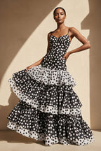 Robe longue black & white coupe sirène à volants - Harana