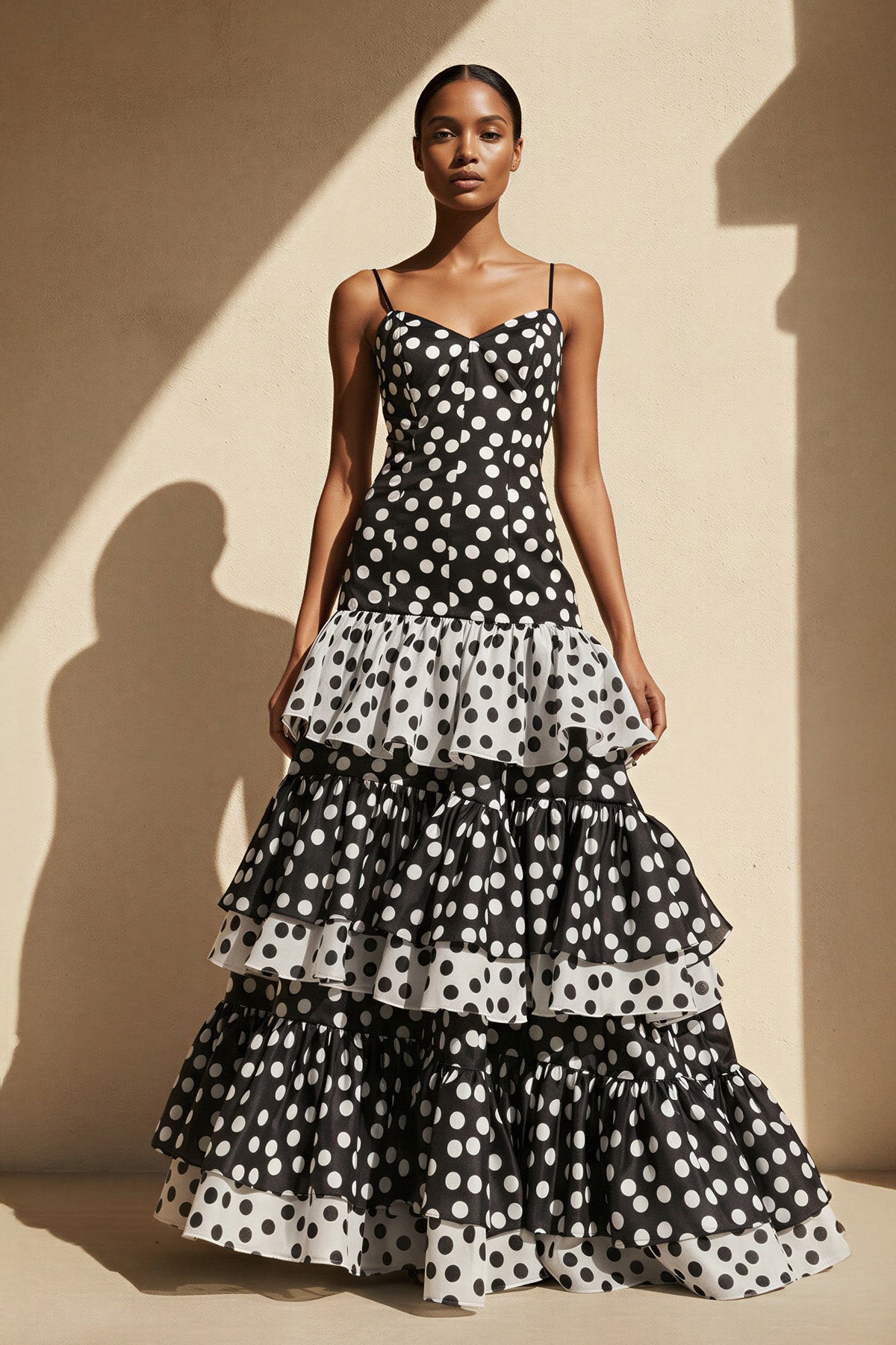 Robe longue black & white coupe sirène à volants - Harana