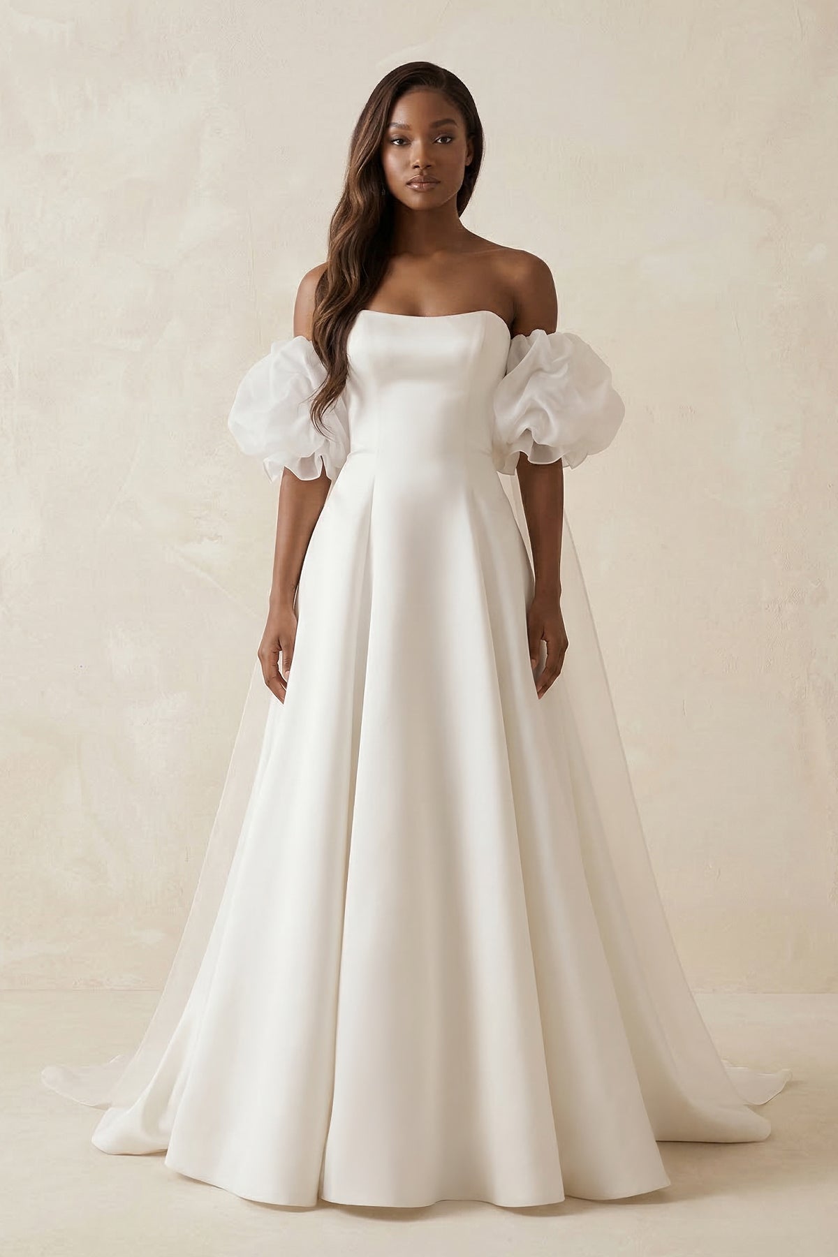Robe de mariée blanche trapèze en satin à épaules dénudées bustier - Harana