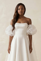 Robe de mariée blanche trapèze en satin à épaules dénudées bustier - Harana