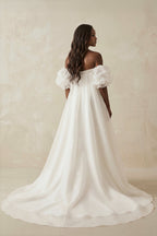 Robe de mariée blanche trapèze en satin à épaules dénudées bustier - Harana