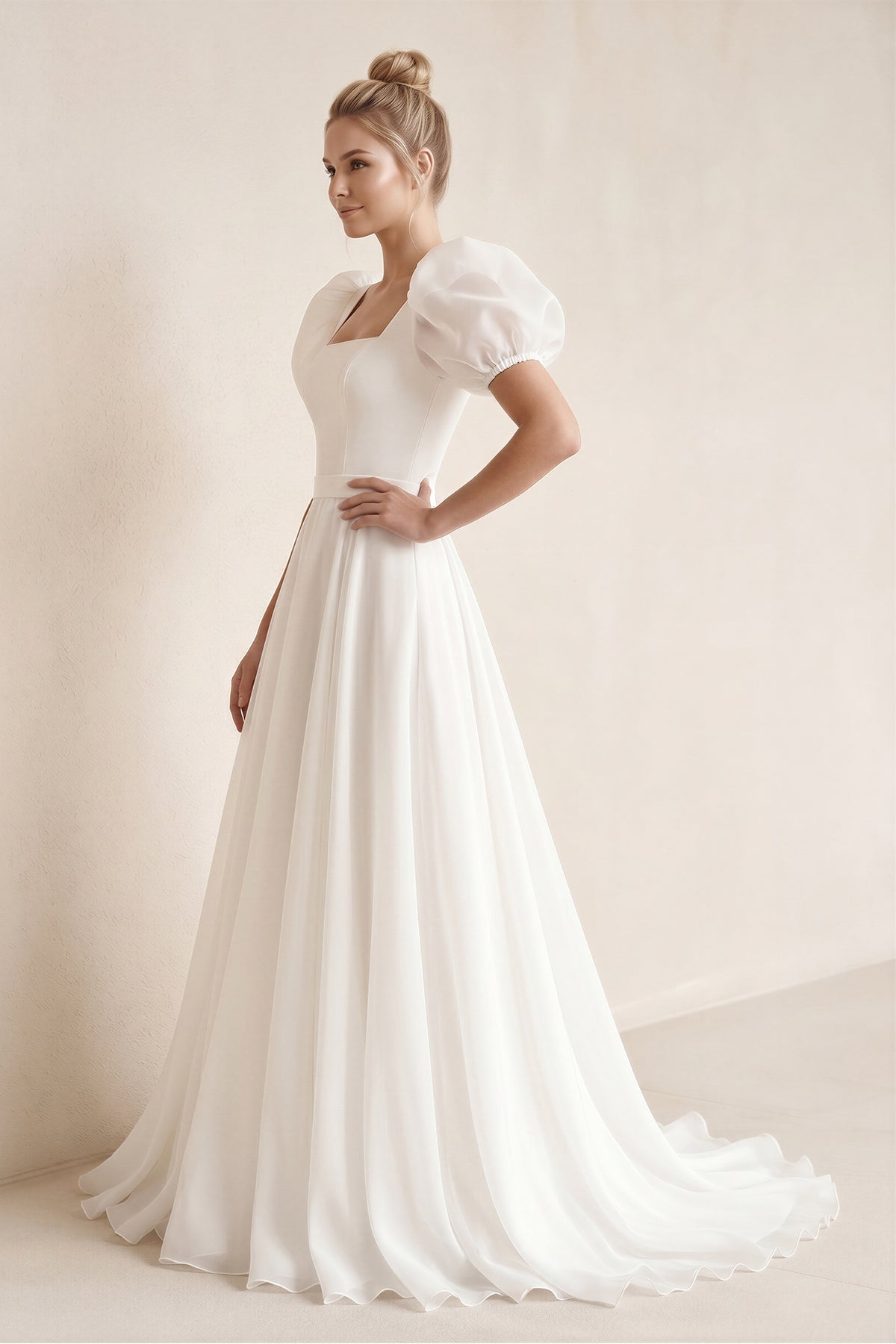 Robe de mariée blanche trapèze en mousseline manches courtes col carré - Harana