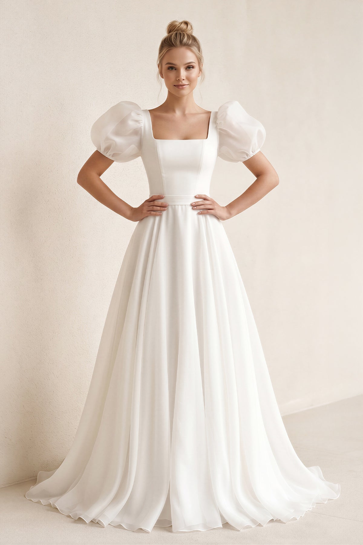 Robe de mariée blanche trapèze en mousseline manches courtes col carré - Harana