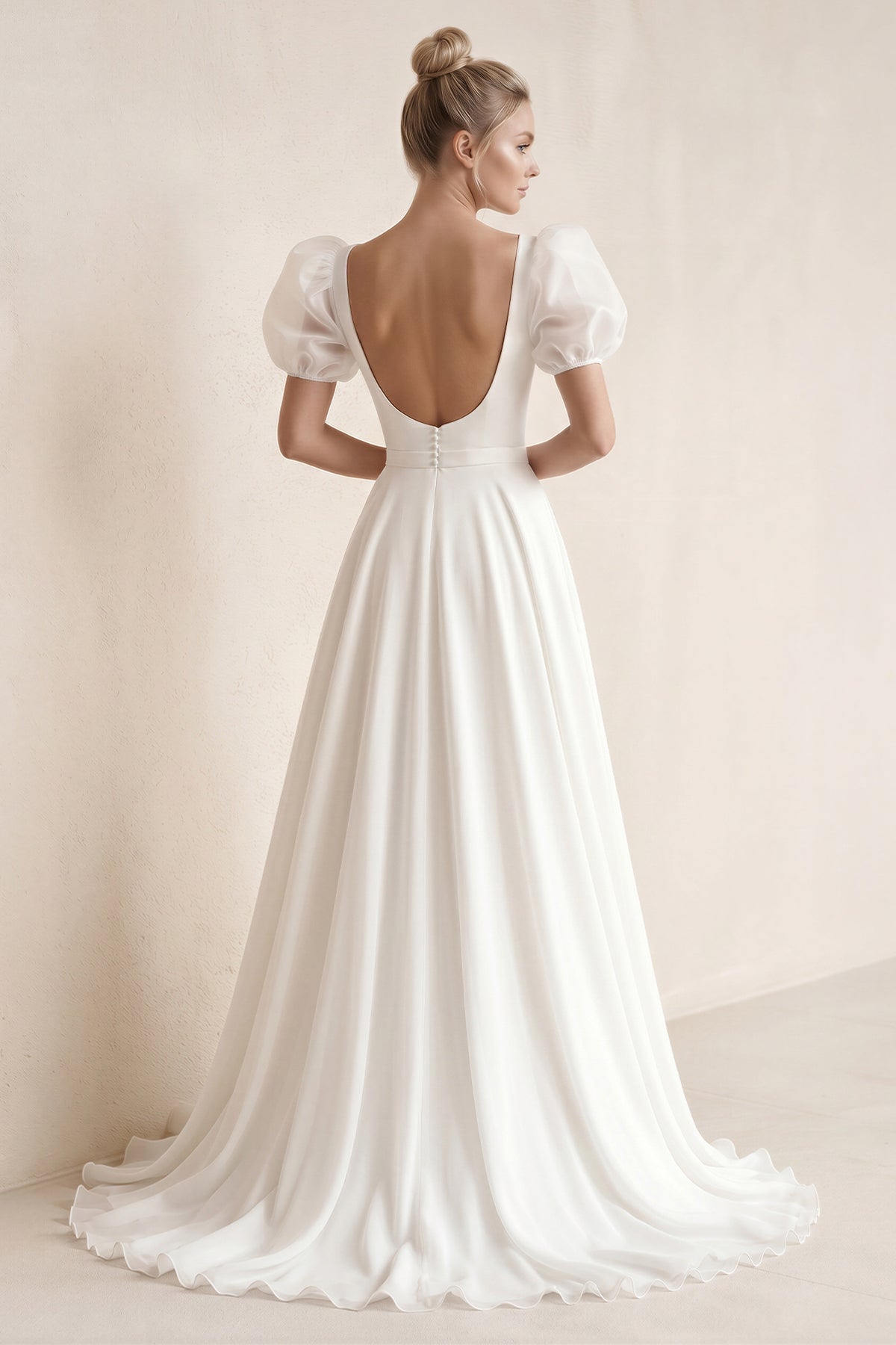 Robe de mariée blanche trapèze en mousseline manches courtes col carré - Harana