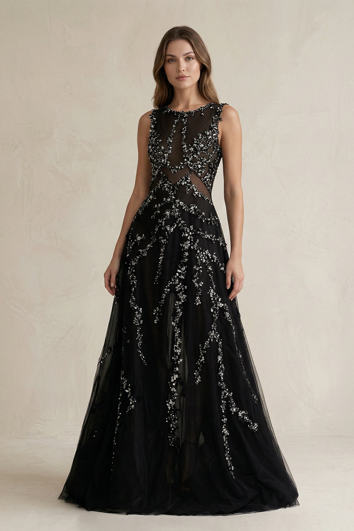 Robe de mariée noire trapèze en tulle sans manches - Harana