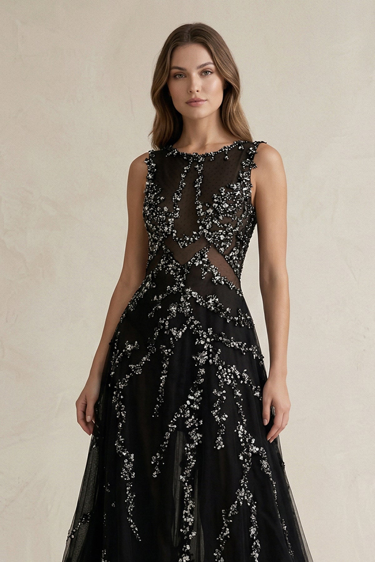 Robe de mariée noire trapèze en tulle sans manches - Harana