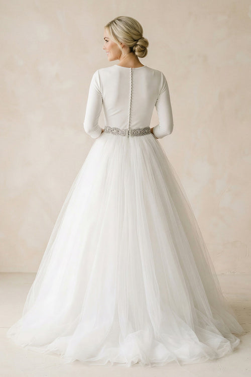 Robe de mariée blanc longue manches longues en tulle coupe trapèze - Harana