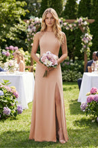 Robe demoiselle d’honneur champagne rose longue sans manches avec fente effet drapé - Harana