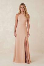 Robe demoiselle d’honneur champagne rose longue sans manches avec fente effet drapé - Harana