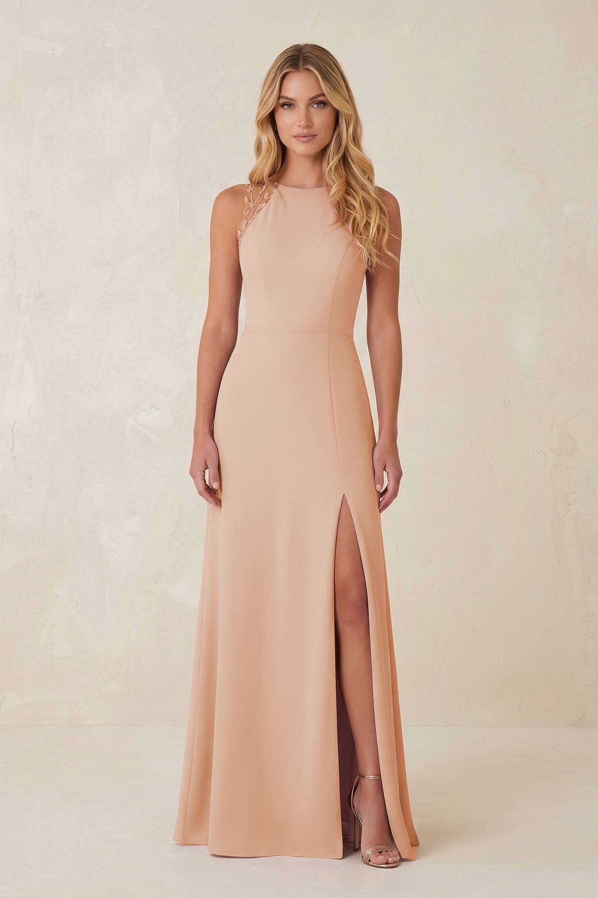 Robe demoiselle d’honneur champagne rose longue sans manches avec fente effet drapé - Harana