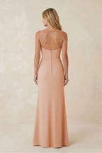 Robe demoiselle d’honneur champagne rose longue sans manches avec fente effet drapé - Harana