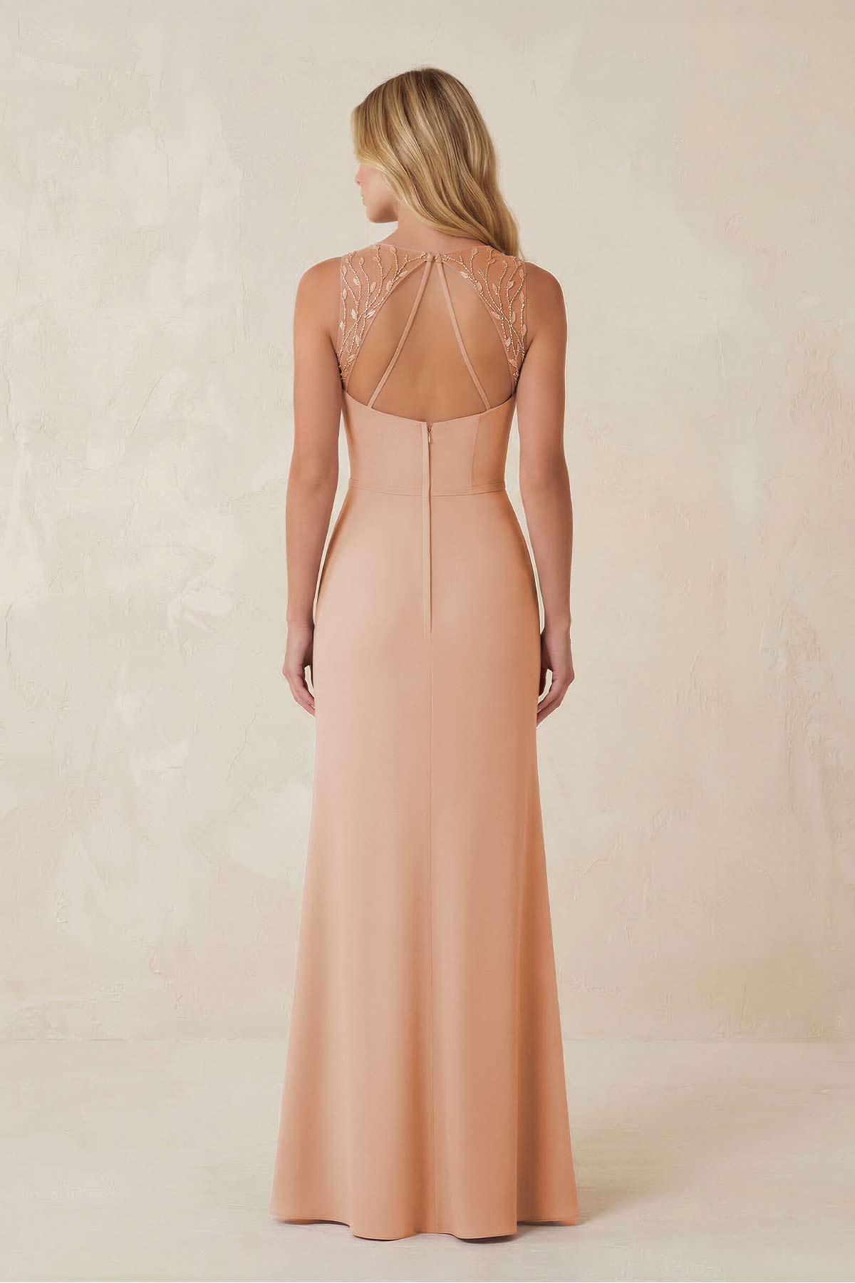 Robe demoiselle d’honneur champagne rose longue sans manches avec fente effet drapé - Harana