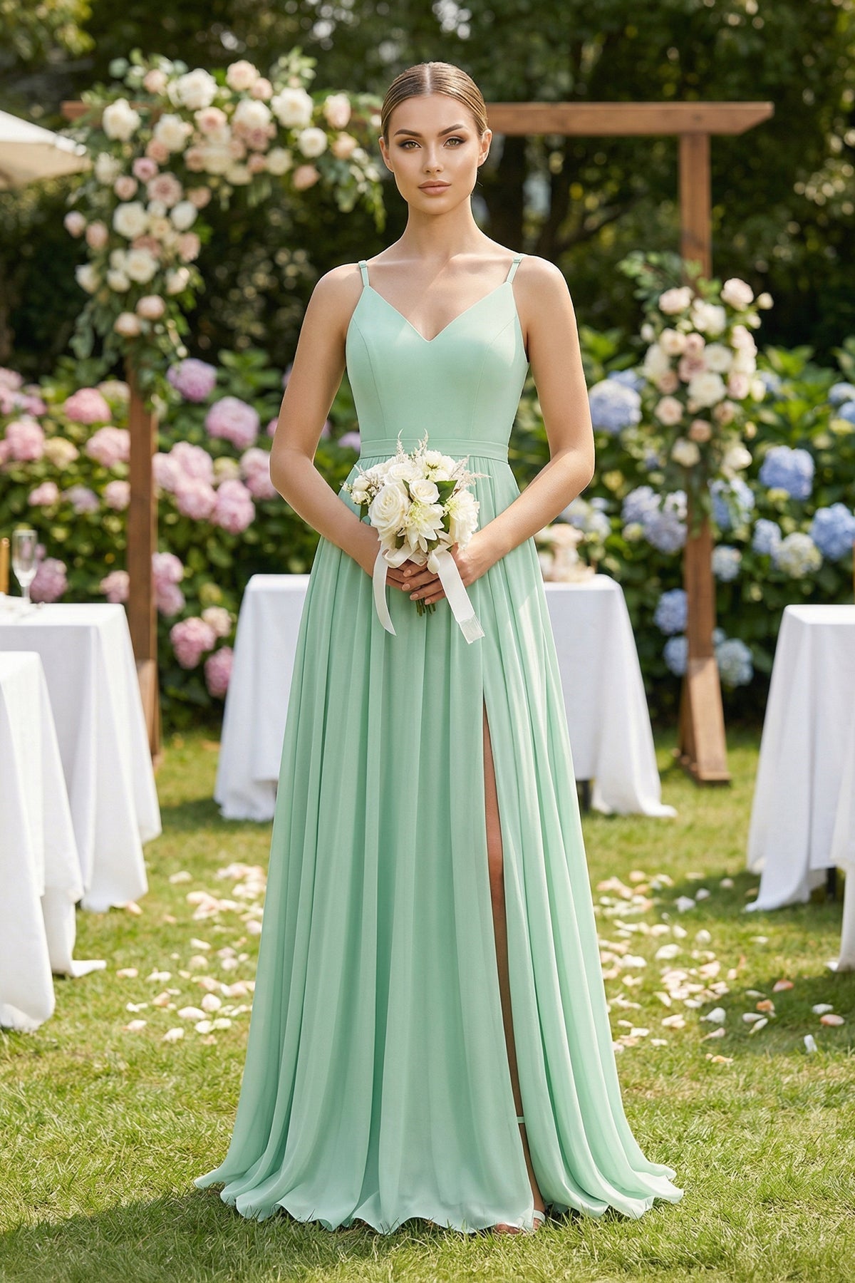 Robe demoiselle d’honneur pale pistachio longue à fines bretelles sans manches avec fente - Harana