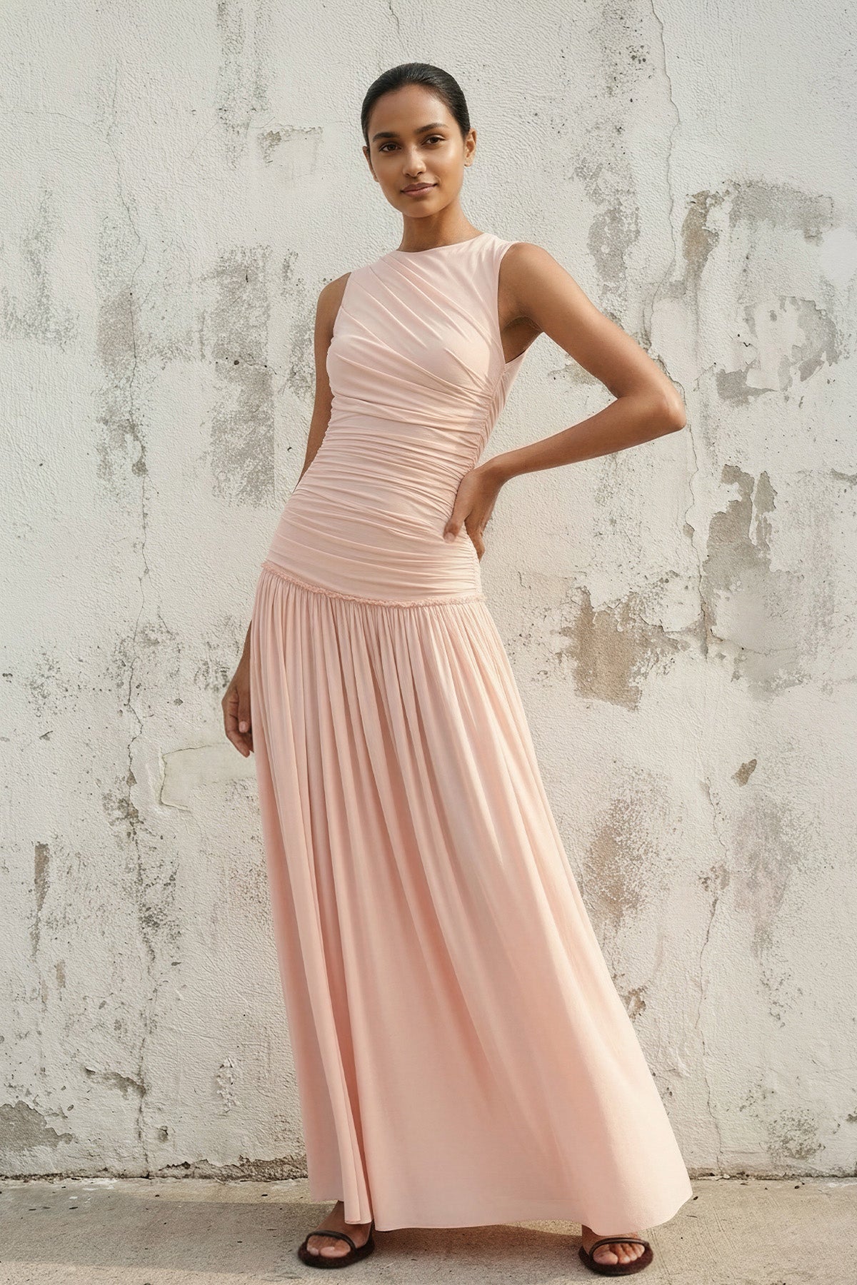 Robe longue rose poudré effet drapé - Harana