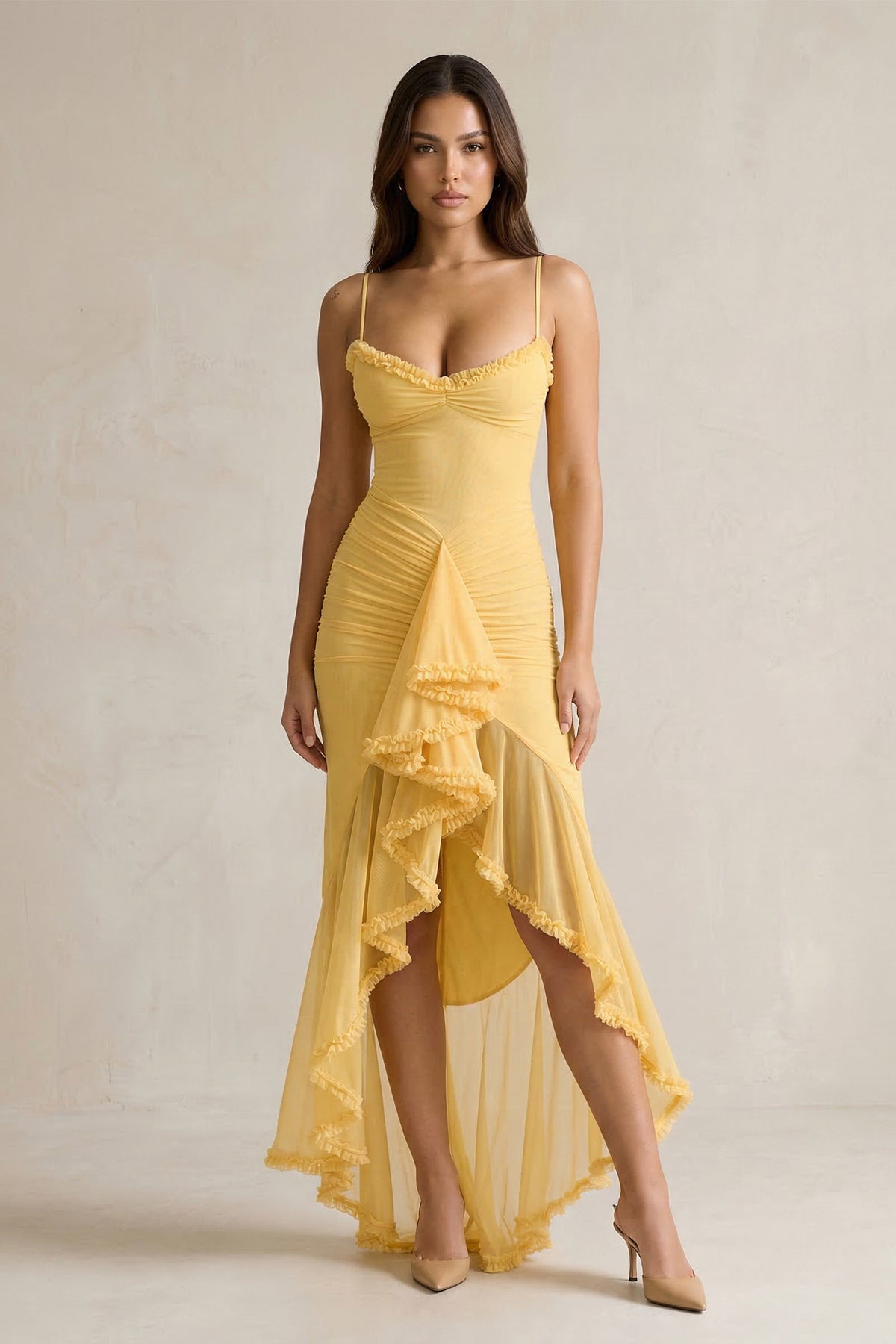 Robe longue effet drapé à volants - Harana