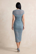 Robe bleu grisé midi à épaules dénudées effet drapé - Harana
