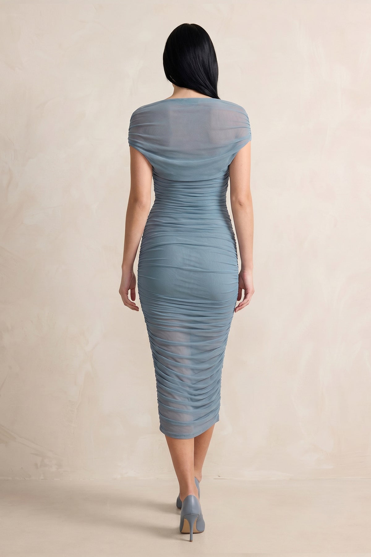 Robe bleu grisé midi à épaules dénudées effet drapé - Harana