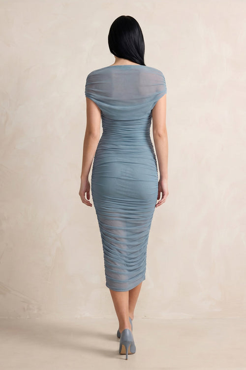 Robe bleu grisé midi à épaules dénudées effet drapé - Harana