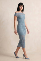 Robe bleu grisé midi à épaules dénudées effet drapé - Harana