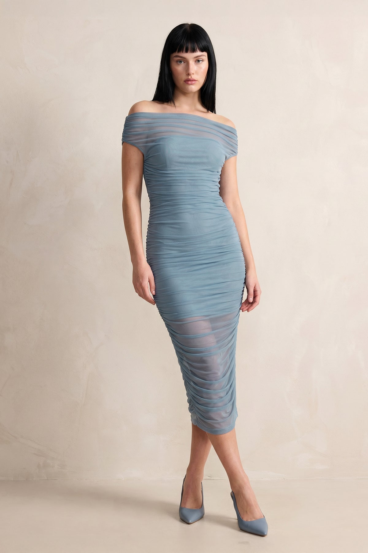 Robe bleu grisé midi à épaules dénudées effet drapé - Harana