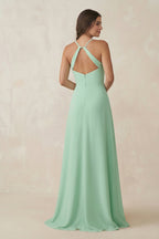 Robe demoiselle d’honneur pale pistachio longue à fines bretelles sans manches avec fente - Harana