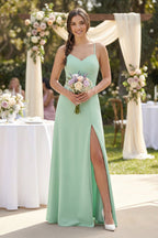 Robe demoiselle d’honneur pale pistachio longue à fines bretelles sans manches avec fente - Harana