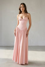Robe longue rose à fines bretelles effet drapé - Harana