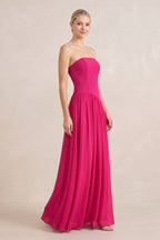 Robe fuchsia longue satinée coupe trapèze bustier effet drapé - Harana