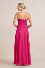 Robe fuchsia longue satinée coupe trapèze bustier effet drapé - Harana
