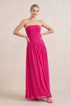 Robe fuchsia longue satinée coupe trapèze bustier effet drapé - Harana