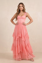 Robe rose ancien longue en résille coupe trapèze à décolleté cœur effet drapé - Harana