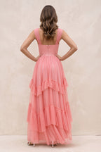 Robe rose ancien longue en résille coupe trapèze à décolleté cœur effet drapé - Harana